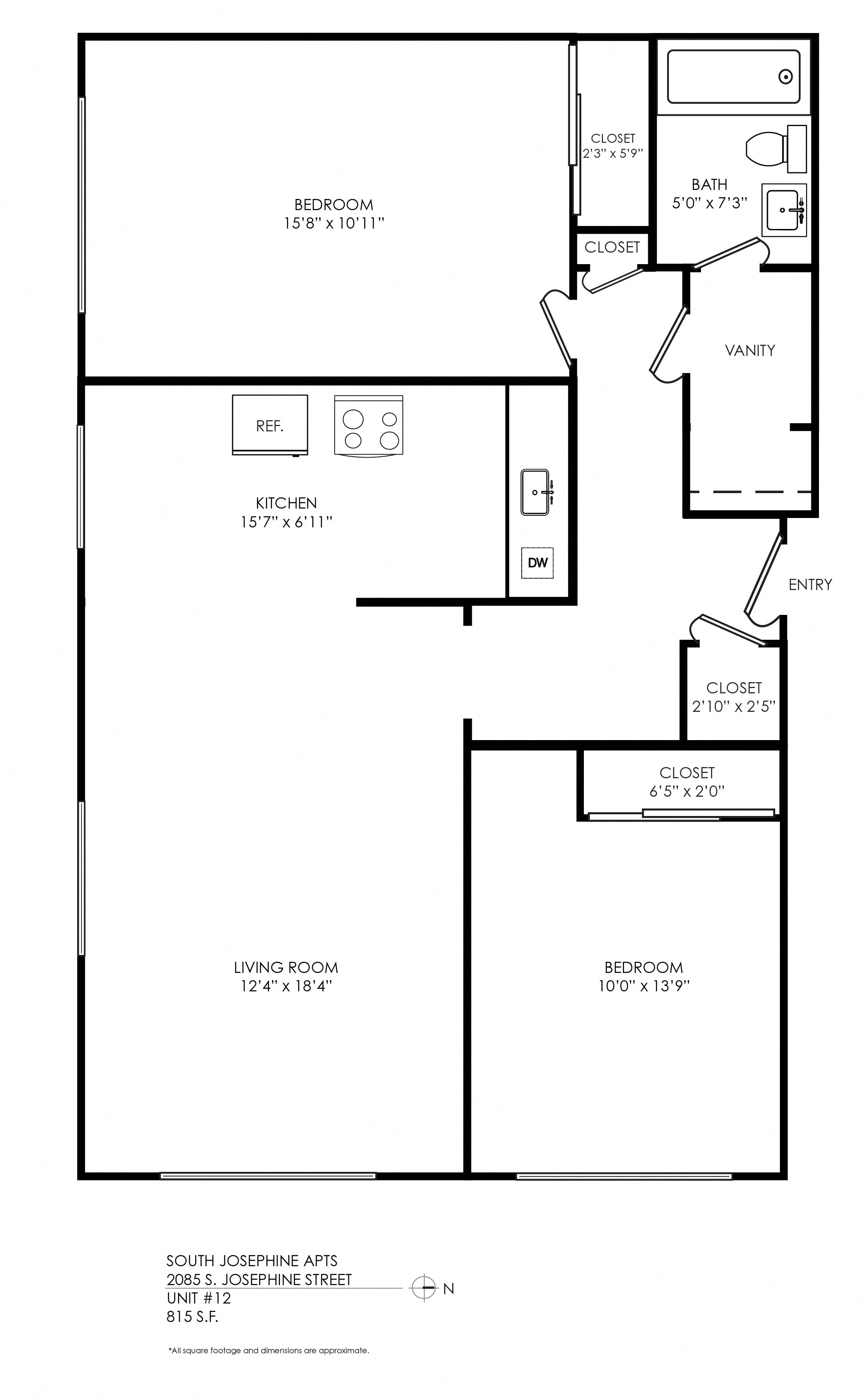 Floor plan for 2 beds, 1 bath, 840 sqft